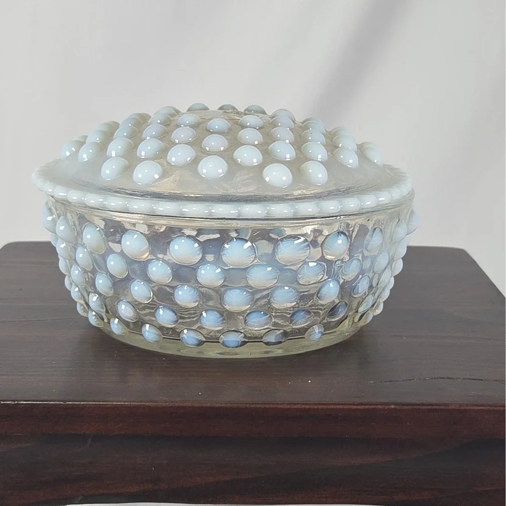 Fenton Moonstone Opalescent Hobnail Glass Lidded Trinket Candy Dish 4